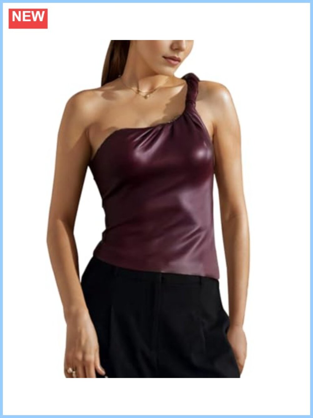 PU Leather Tank Crop Top Mock Neck Sleeveless Asymmetrical Ruched One Shoulder